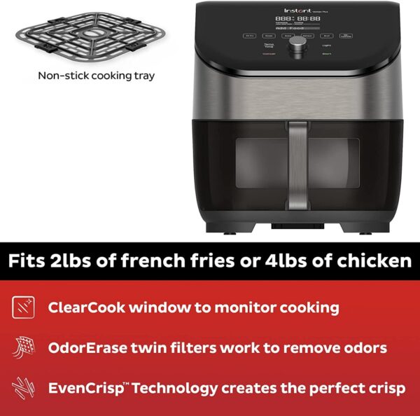 Instant Vortex Plus 5.7L, 6-in-1 Air Fryer with ClearCook™ S/S Odorerase Easy View Windows Built-in Air Filters, Air Fry, Roast, Broil, Bake, Reheat, Dehydrate, 1700W