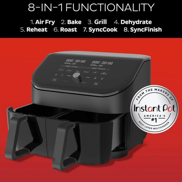 Instant Vortex Plus Dual Basket with ClearCook – 7.6L Digital Health Air Fryer, Black, 8-in-1 Smart Programs – Air Fry, Bake, Roast, Grill, Dehydrate, Reheat, XL Capacity -1700W