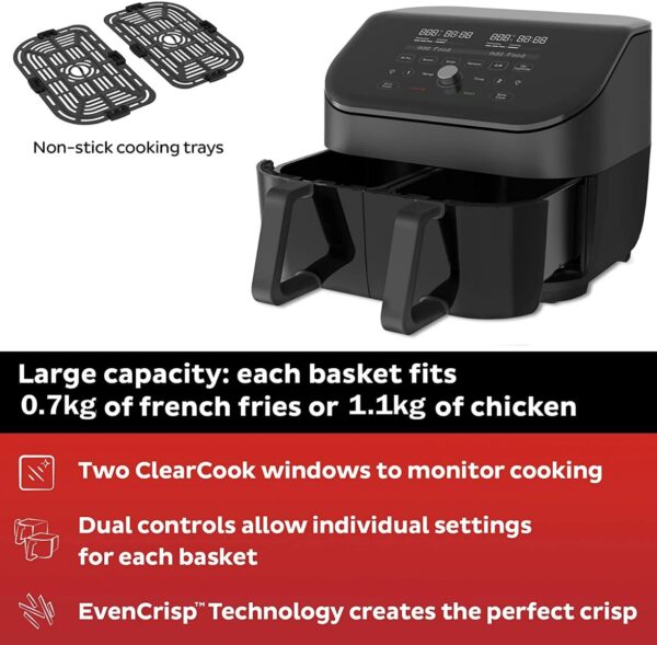 Instant Vortex Plus Dual Basket with ClearCook – 7.6L Digital Health Air Fryer, Black, 8-in-1 Smart Programs – Air Fry, Bake, Roast, Grill, Dehydrate, Reheat, XL Capacity -1700W