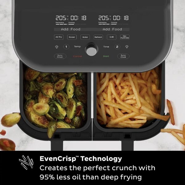 Instant Vortex Plus Dual Basket with ClearCook – 7.6L Digital Health Air Fryer, Black, 8-in-1 Smart Programs – Air Fry, Bake, Roast, Grill, Dehydrate, Reheat, XL Capacity -1700W